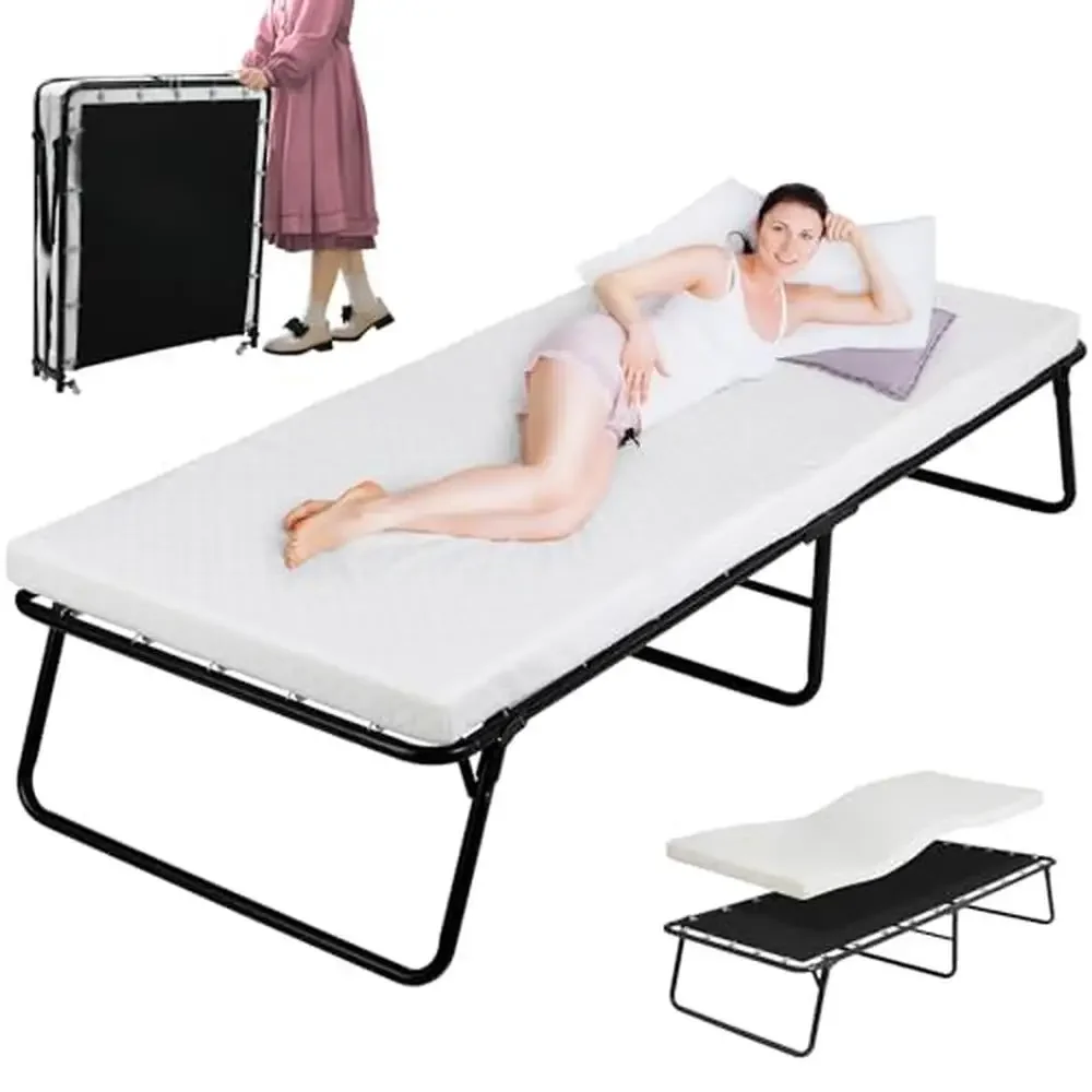 

Folding Bed with Memory Foam Mattress Wheeled Portable Metal Frame Bed Easy to Move No Assembly Heavy-Duty Foldable Bed 75"x31