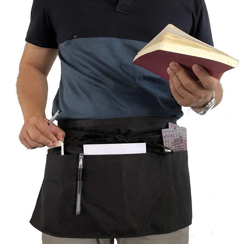Waiter's Half-Length Work Apron - Black Cafe Kitchen Apron With Pockets For Baristas & Chefs 