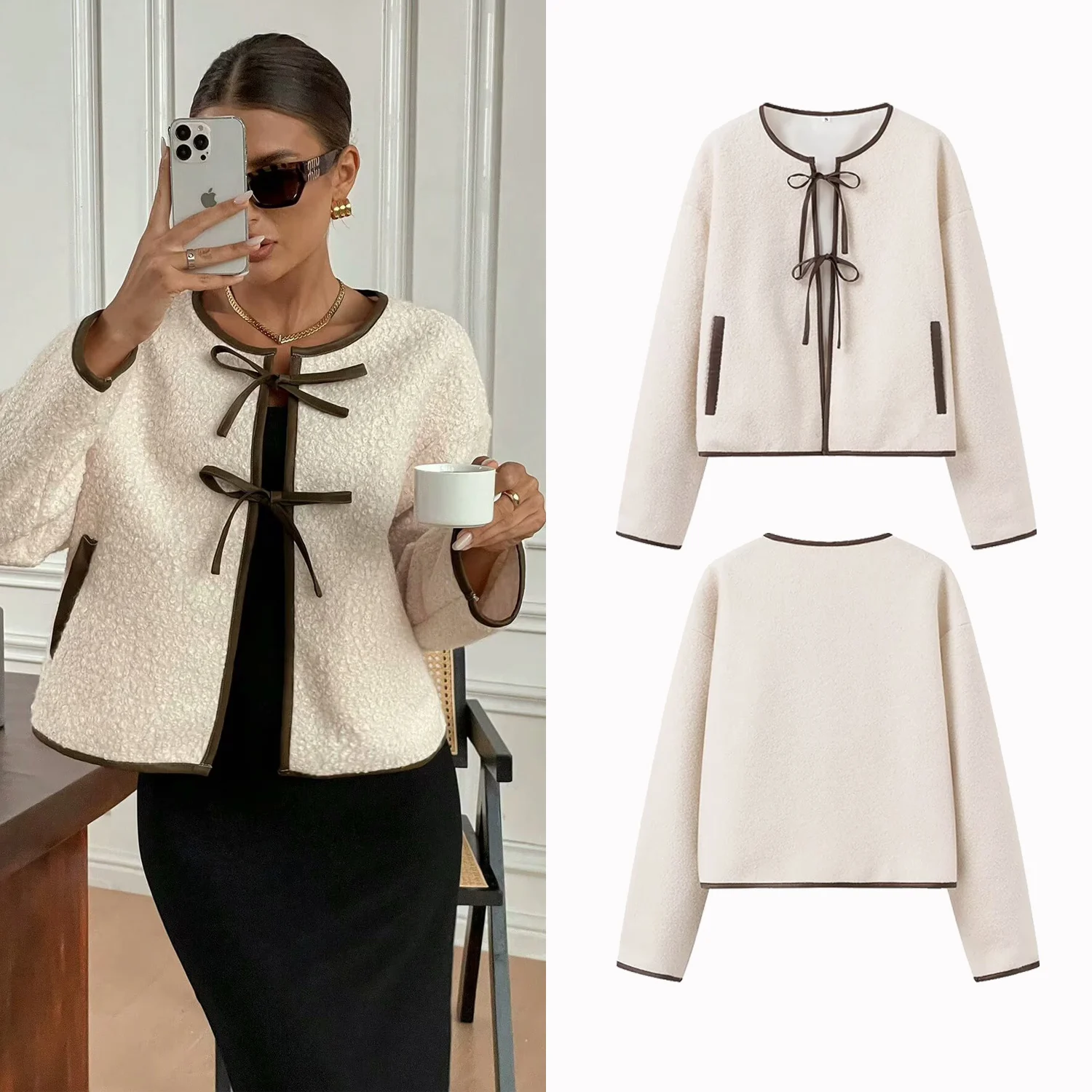 

Women's Daily Fur Woolen Jacket Fashion O-Neck Long Sleeve Lace Up Pockets Frenum Coat Autumn Winter Lady Jackets Streetwear