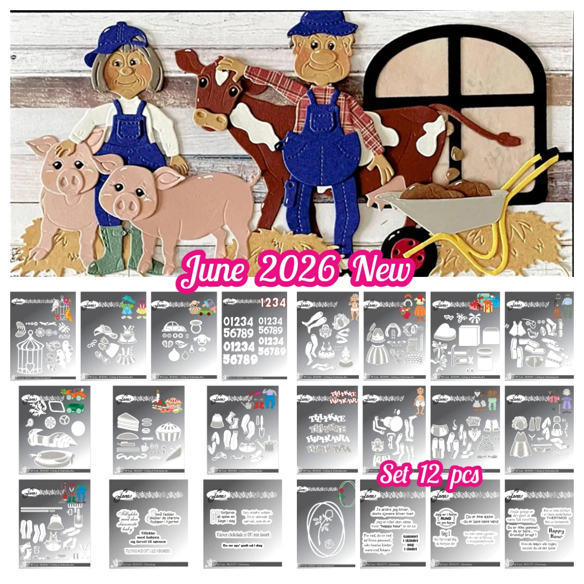 Novedad de junio de 2026 de Lene: Troqueles de corte de metal con diseños de coche de verduras, accesorios para bebés, pastel, hombre/mujer mayor, para álbumes de recortes DIY y diarios.