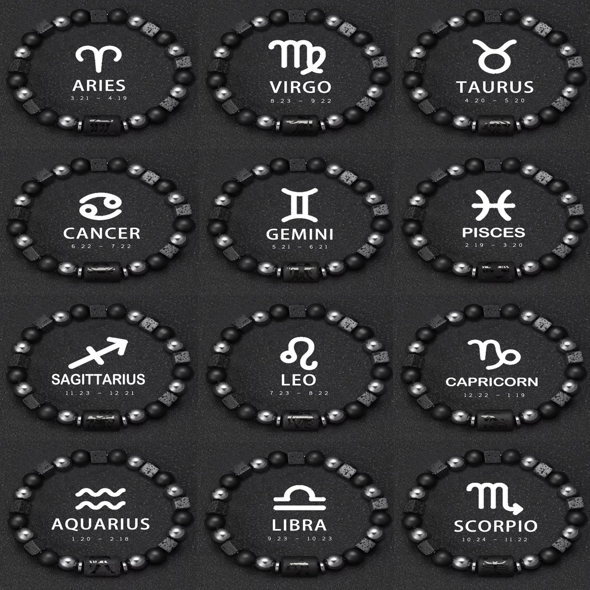 

12 Zodiac Signs Bracelet 12pcs/set Natural Volcanic Tiger Eye Stone Men's and Women's Bracelets Taurus 8mm Beads Wholesale