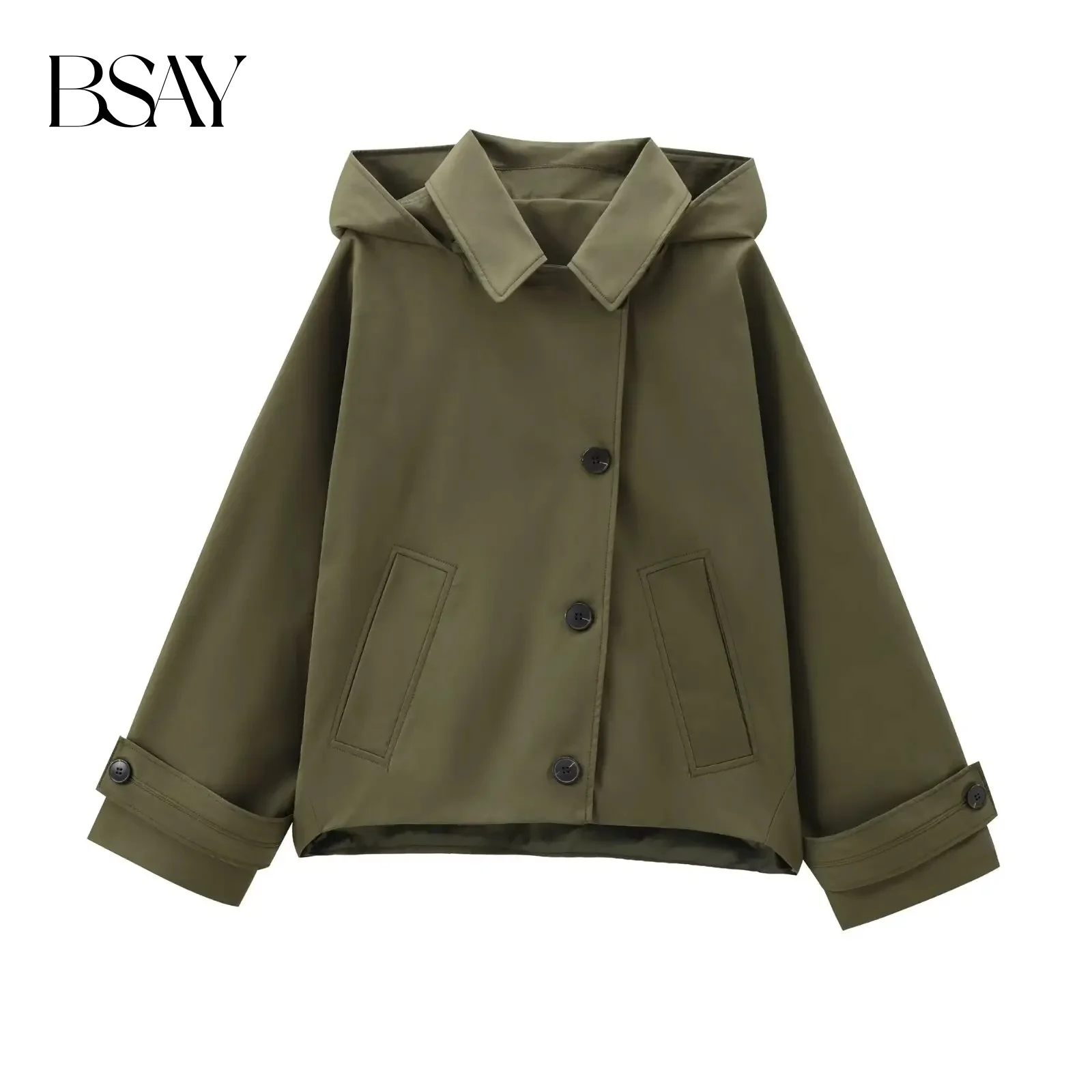 

BSAY Detachable hooded jacket women's 2024 autumn new long sleeved diagonal buckle pocket loose windbreaker fabric short coats