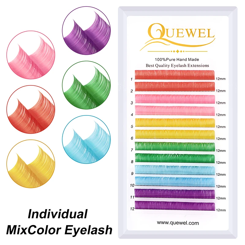 Quewel Brand New Mixed Color Individual Eyelash Extensions 6 Colors Mix 0.07mm C/D Curl Rainbow Lashes For Salon Party Daily