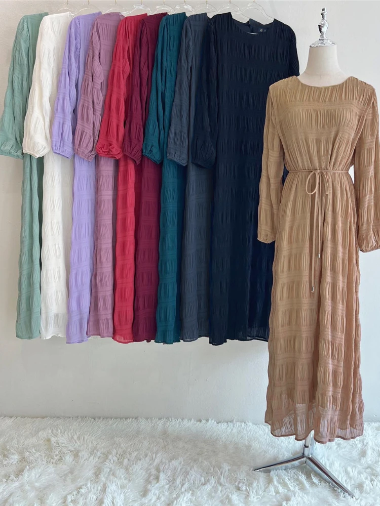 Sweet Muslim Dress Solid Color Chiffon Pleated Abaya for Women Robe Casual Abayas Vestido Ramadan Party Prayer Dresses Eid 2023