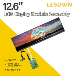LESOWN 12.6 inch 1920x515 Portable LCD Temperature Display IPS Touch Bar Type Screen Module for DIY Case PC Auxiliary Monitor