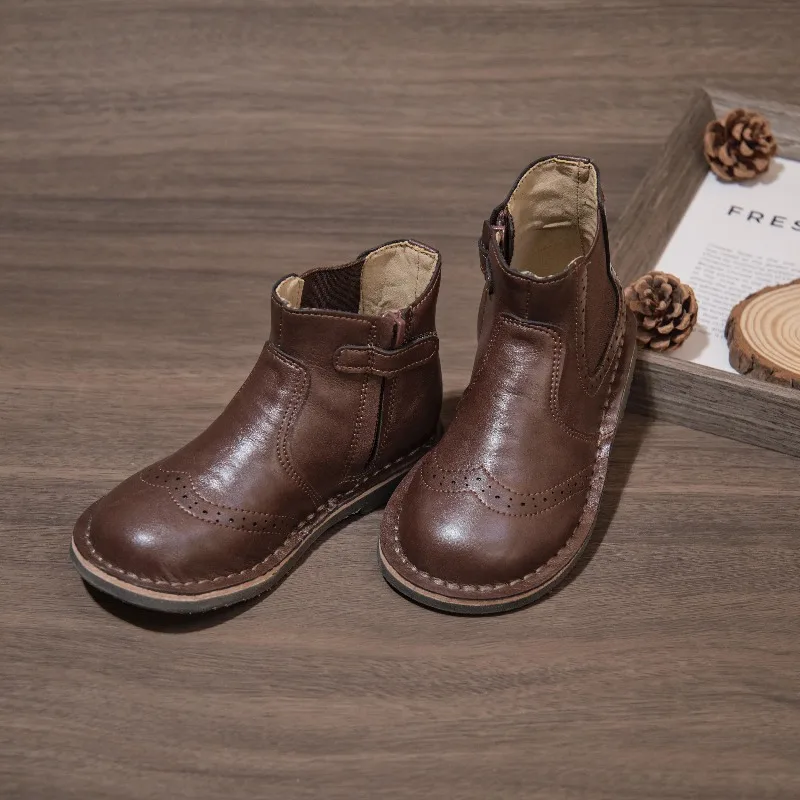 Winter New Retro Inspected Cowhide Carved Leather Boots Fashionable Side Zipper Baby Short Boots Kids Boutique Shoes