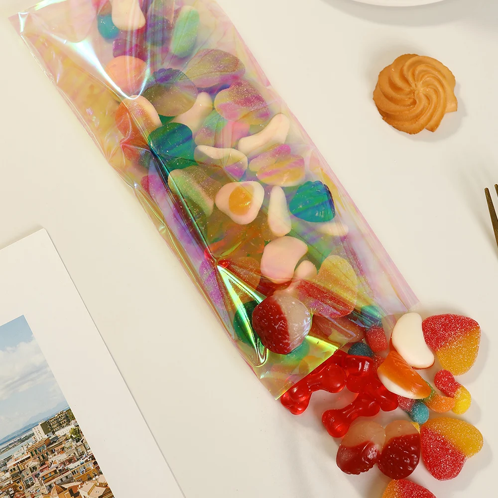 50 Stück Regenbogen-Laserfarben-Zellophanbeutel, 10 x 24 cm, holografische Party-Geschenktüte für Schmuck, kleine Unternehmen, Einkaufen, Geschenke, Verpackung – Detail 4
