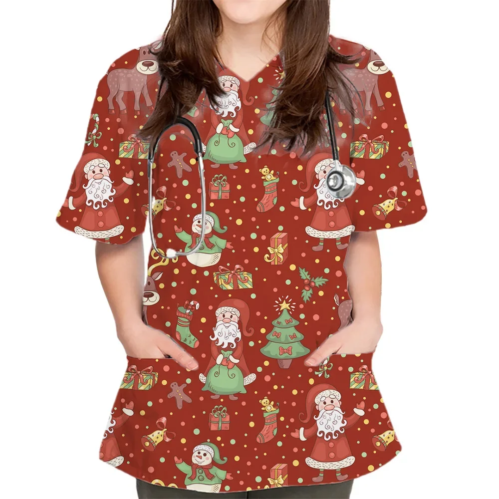 Christmas Prints Nurse Scrubs Women Short Sleeve Surgical Uniforms Nurse Medical Uniform High Quality Women's Medical Uniforms