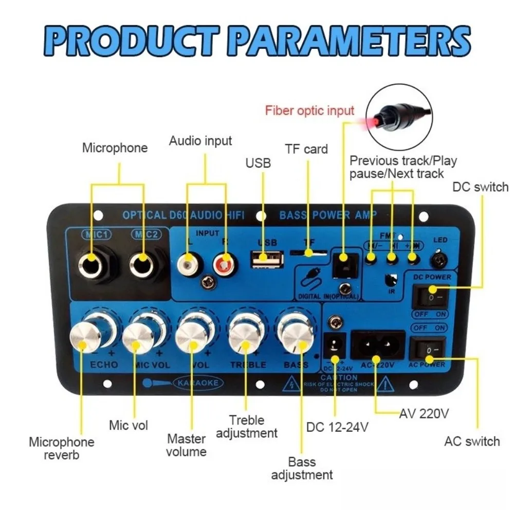 

Многофункциональный автомобильный аудиоусилитель D50 D60, оптическая аудиоплата стереоусилителя 12В/24В/220В, усилитель для сабвуфера с двумя микрофонами
