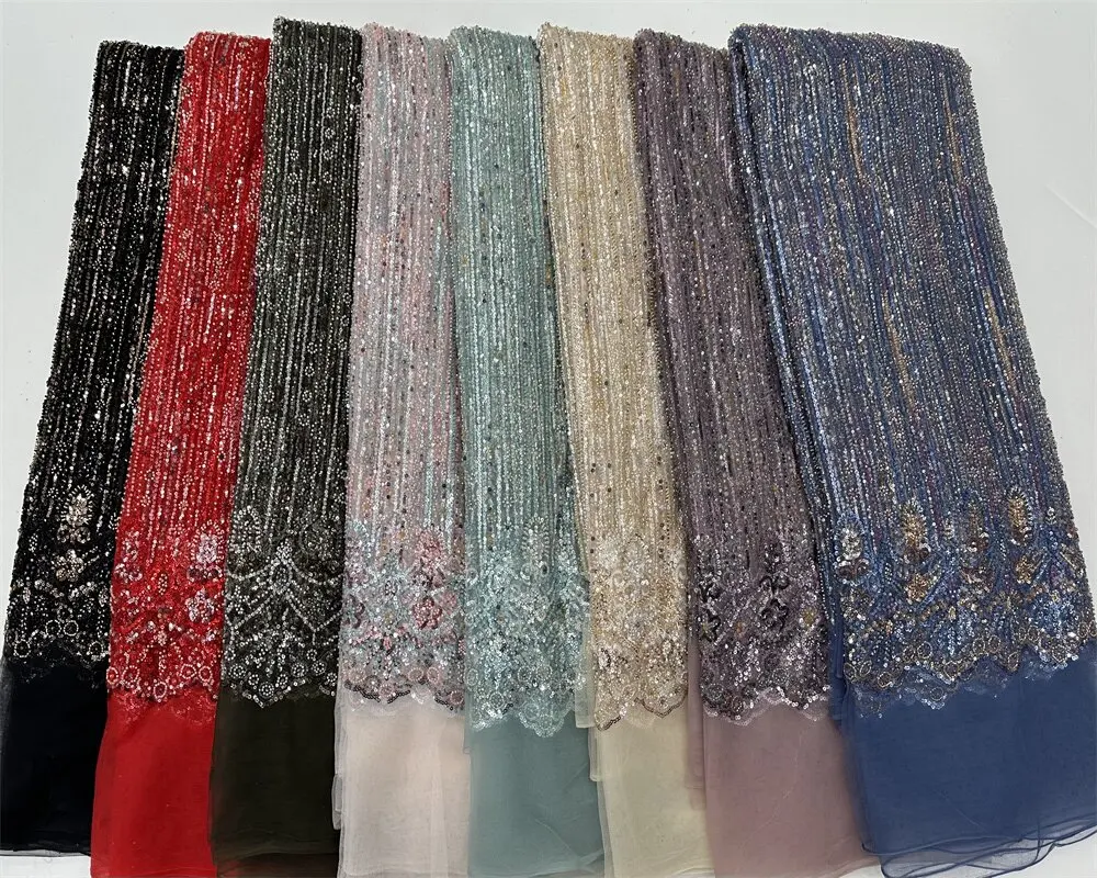 Nigerian Fabric 5 Yards Beaded French Mesh Embroidered Dubai New 2024 Dubai Beaded Lace Fabric For Wedding Party Dresses