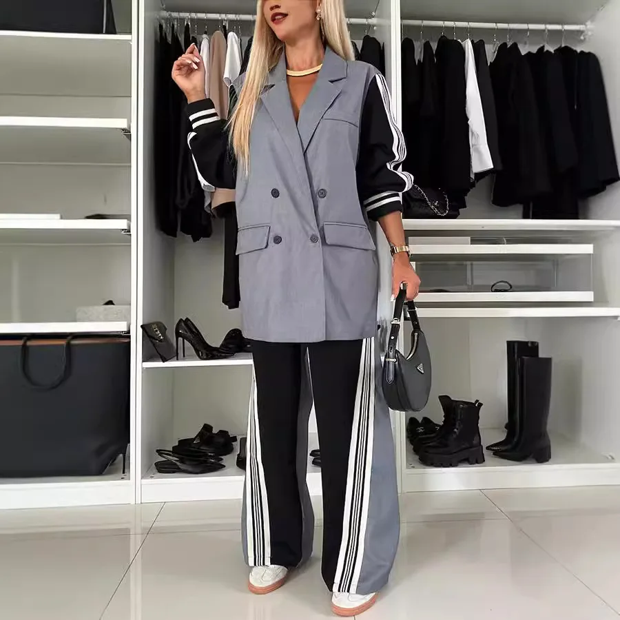 INS casual loose suit two-piece set 2024 autumn and winter new long-sleeved splicing double-breasted suit set, two-piece set