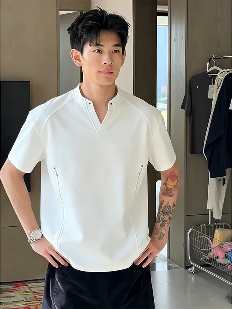 American Style Rivet V-Neck Short Sleeve Men's T-Shirt Summer High-End Feeling Deconstruction Split Mamba Cotton Heavy Half S...