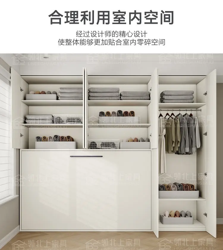 Invisible , wall bed, wardrobe integrated 1.35 meters rollover folding , up and down turning bed, Murphy , turning - view 3