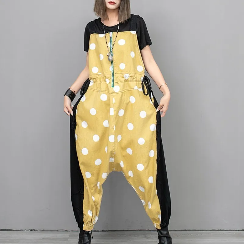 

2024 Spring Summer New Age Reducing Loose Polka Dot Jumpsuit Color Matching Denim Shoulder Strap Pants Women Clothing LX342