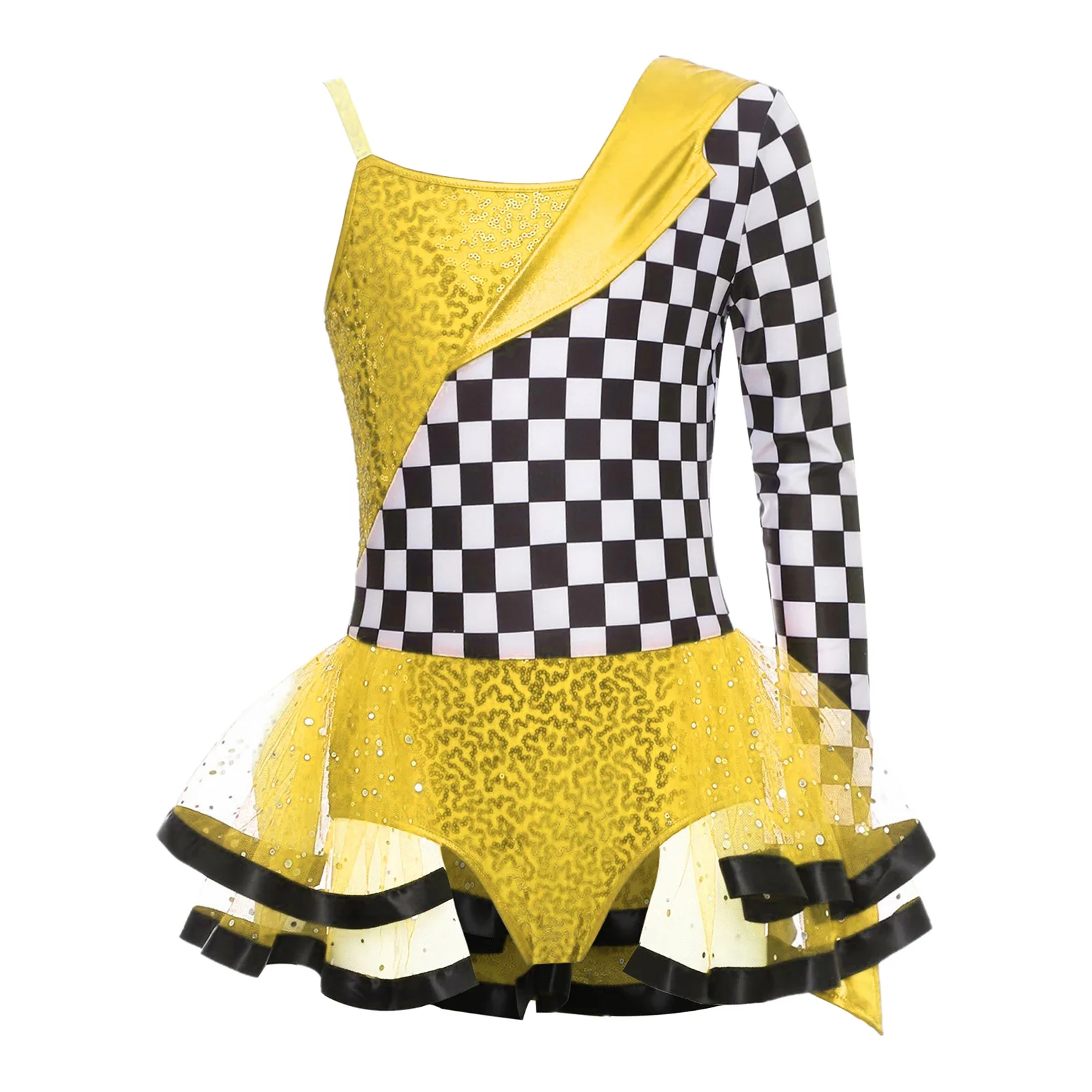 Teen Girls Halloween Racer Racing Car Driver Cosplay Costume One Shoulder Checkerboard Sequins Tutu Leotard Dress for Carnival