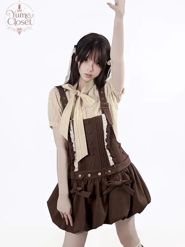 Japanese Vintage Coquette Ryousangata 2pcs Set Women Bow Puff Sleeve Shirt Lace Trim Pinafore Bubble Skirt Casual Campus Outfit