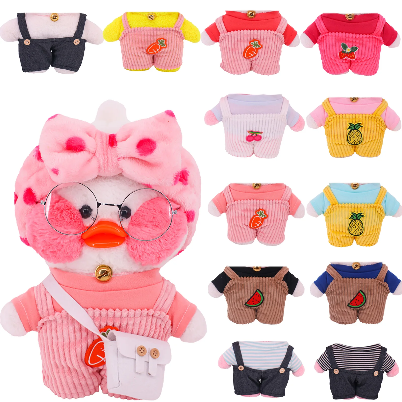 Clothes For Lalafanfan Yellow Duck 30Cm Plush Toy Set Short Sleeves&Overalls Doll Accessories Children\'s Toy Birthday Gifts