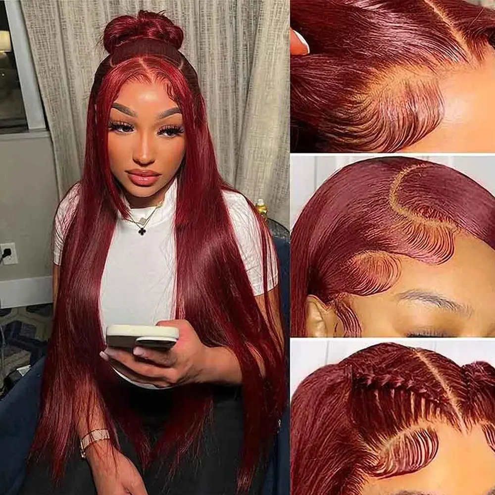 

34 дюйма 99J Бордовый 250% Плотность 13x4 HD Прозрачные костяные прямые парики из натуральных волос 100% бразильские парики из человеческих волос предварительно сорванные