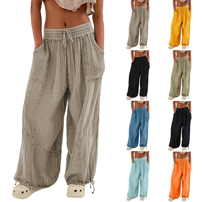 

Women's Fashion Trend Loose Trousers Solid Color Elastic Waist Lace Up Wide-leg Pants with Pockets Casual Jogging Pants