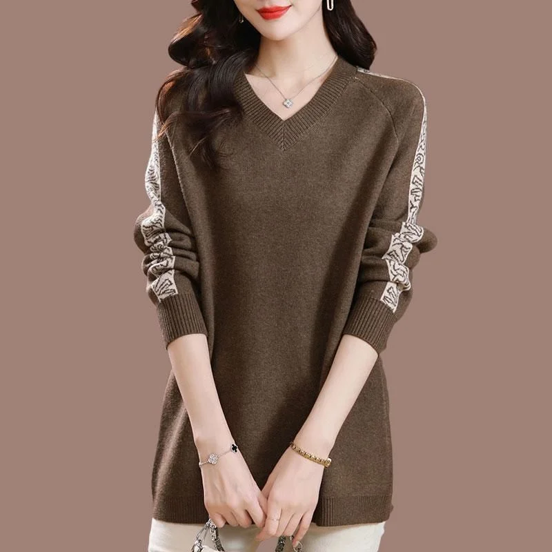 

Женский вязаный свитер больших размеров с V-образным вырезом, свободный, с длинным рукавом, средней длины, модный, осенне-зимний, удобный, для ношения под одеждой