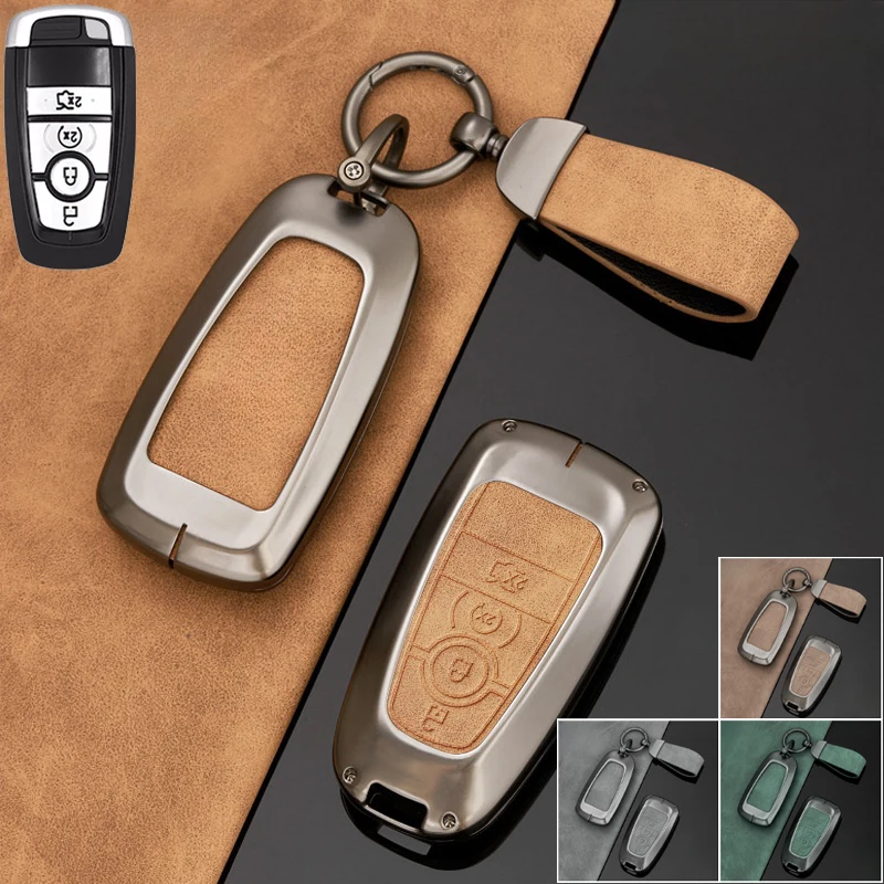Zinc Alloy Leather Car Key Fob Case Cover For Ford Bronco Ecosport Edge Escape Expedition Explorer Mustang F-150 F-250 Focus