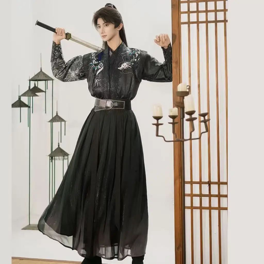 

Large Size XXXL Men's Hanfu Traditional Wuxia Martial Cross Collar Clothing Stylish Black Boys Halloween Hero Cosplay Suit Stree