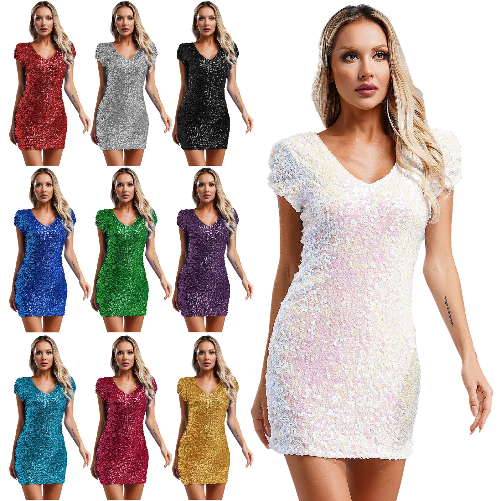 Dames avondcocktailjurken Sparkly pailletten mini-jurk V-hals bodycon-jurk met korte mouwen voor nachtclubclub feestjurk