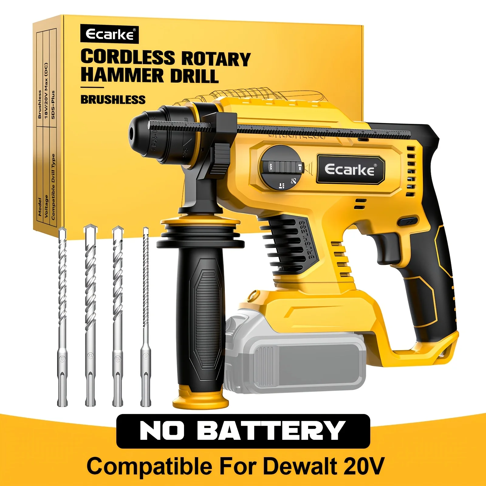 

ECARKE Cordless Rotary Hammer Drill Compatible For18V/for Dewalt 20V Battery, Brushless SDS-Plus Hammer Drill with Safety Clutch for Concrete/Masonry, Max:1500 RPM, 4 Modes with 360°Auxiliary Handle, Including 4 Drill Bits (NO BATTERY)