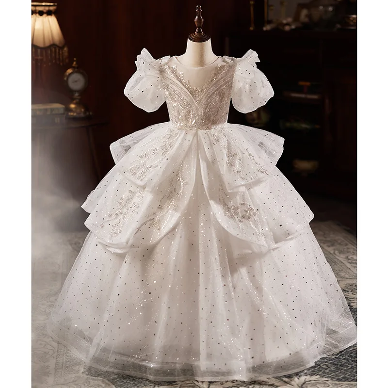 Luxurious Children's Dresse White sequins flower kids straps Long Dress wedding Ball Birthday party  Girl Bridesmaid Dress robe