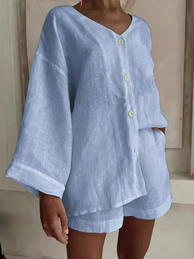 

Summer New Women's Fashion Long-sleeved Shirt Casual Shorts Set Simple Solid Color Loose V-neck Commuting Two-piece Sets