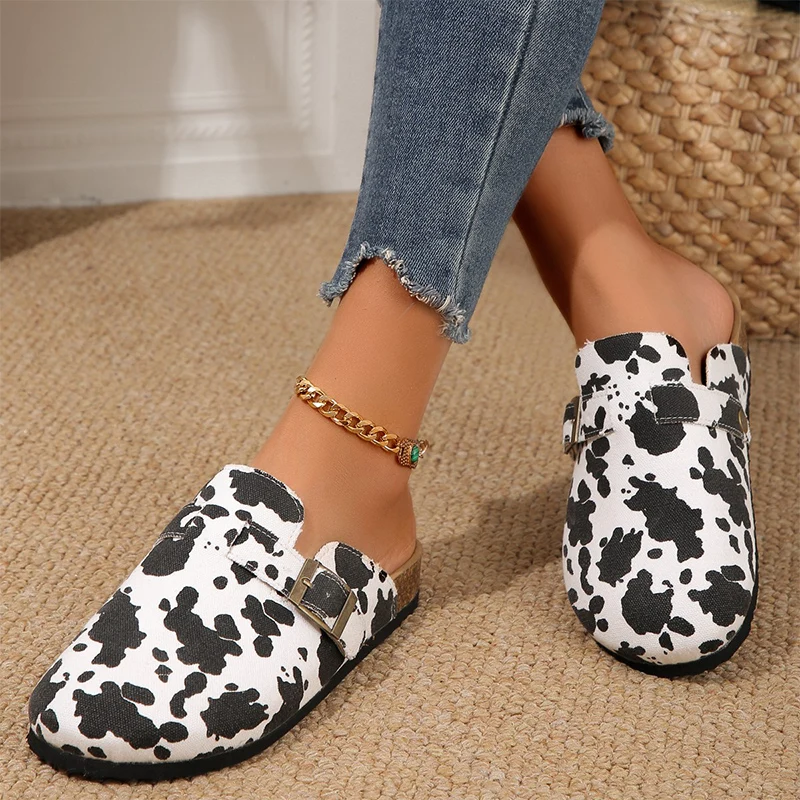 Flats Mules Women Shoes Cow Print Slippers Summer Comfort Walking Sandals New Outdoor Dress Slides Slingback Home Shoes Woman