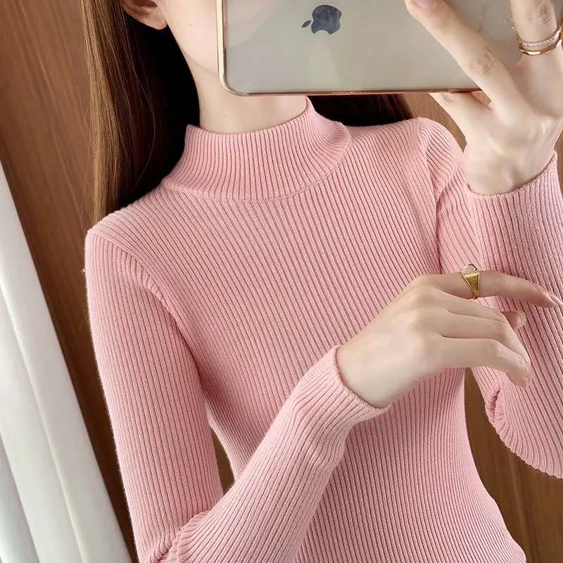 Women\'s Clothing Solid Color Pullover Long Sleeve Autumn Winter Turtleneck Screw Thread Sweater Knitted Elegant Fashionable Top