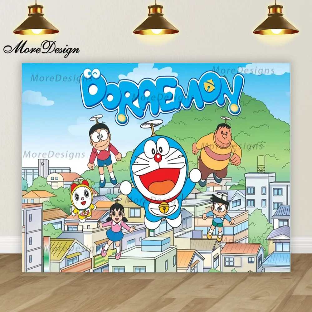 Doraemon Birthday Banner Kids Photo Backdrop Baby Shower Party Decoration Cartoon Vinyl Polyester Fabric Background