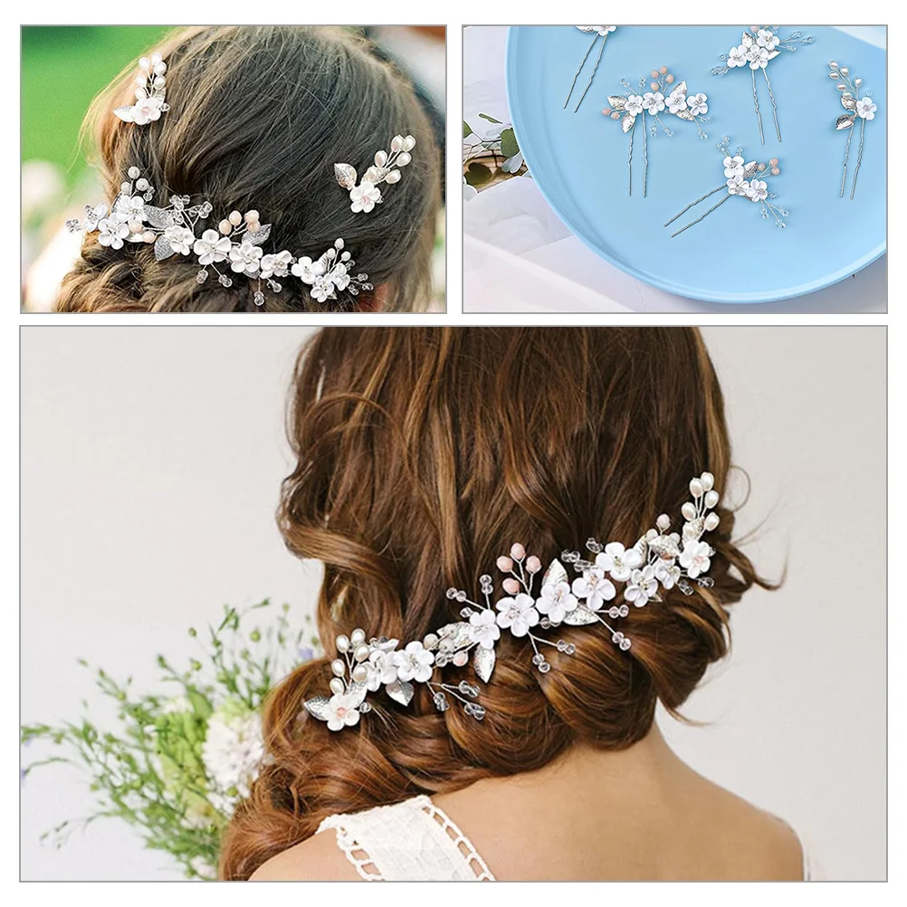 

5 Hairpins Flower Accessories Rhinestone Decorated Wedding Bridal Hair Clips Accessories Hair Forks