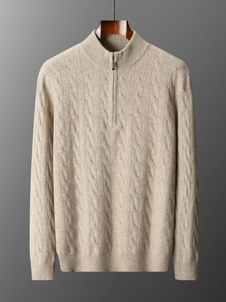 Autumn Winter Men 100% Pure Wool Sweater Mock Neck Half Zip Pullover Long Sleeve Business Casual Knit Top