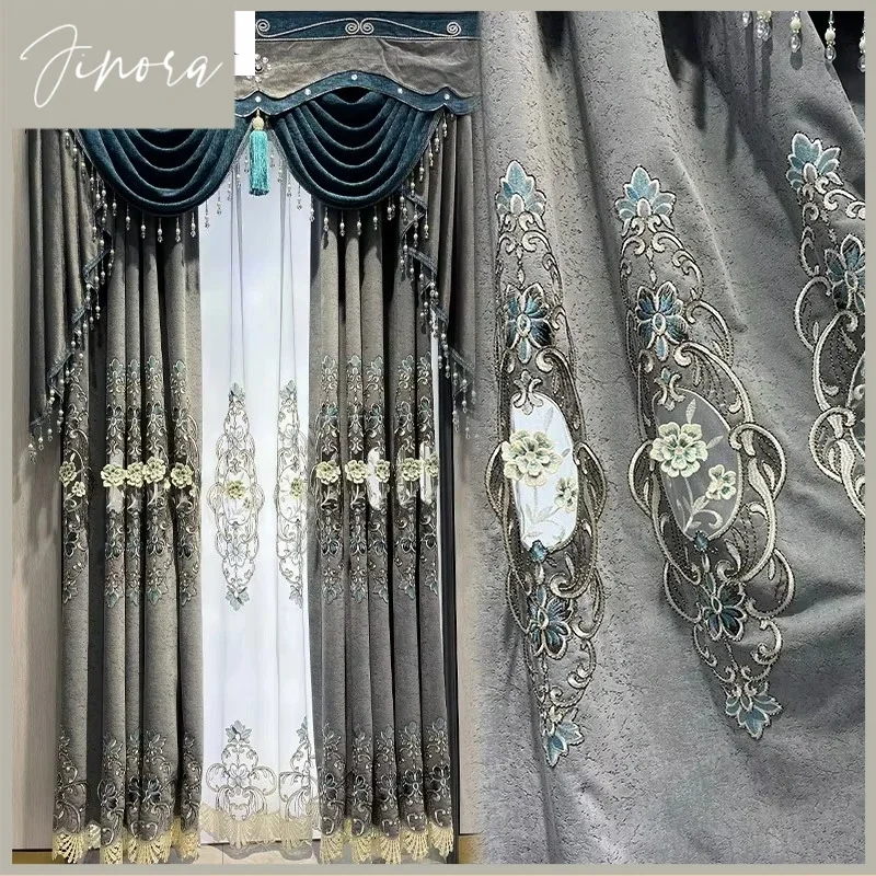 Custom Size European Gray Hollow Embroidery Luxury Curtains For Living Room Bedroom Dining Tulle Valance Blackout Thickened