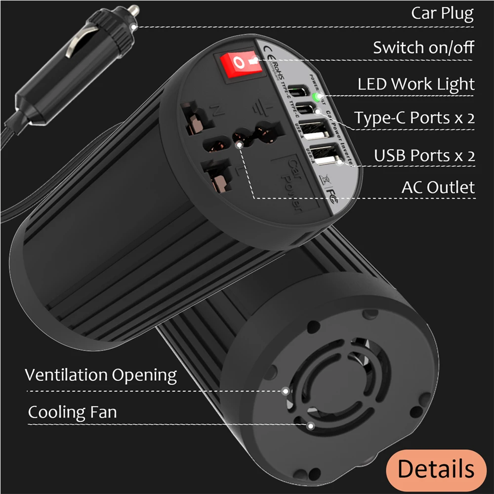 Car Power Inverter 200W High-Power Converter DC 12V to AC 110V Modified Sine Wave 5-in-1 Fast Car Charger Adapter for Laptop Tablet Smartphone Camera Camping Road Trip