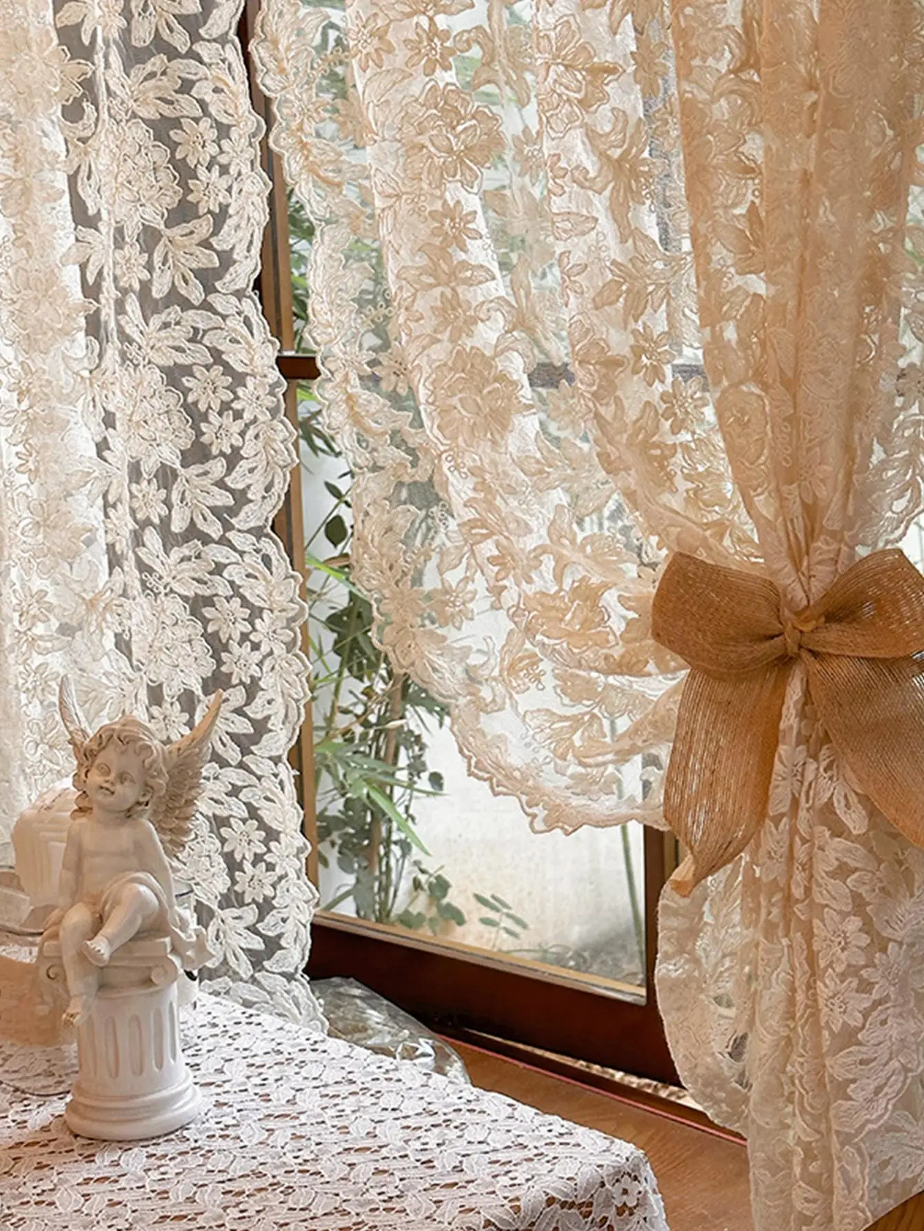 BUYNOW 1PC Lace Solid Curtains Short Curtains Retro Royal-Style Living Room Bedroom Kitchen Fabric Curtain Daily Party Decor