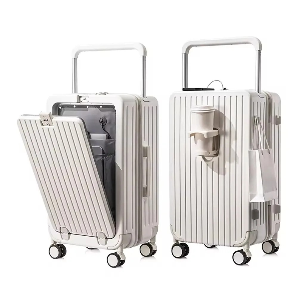 Front Opening Suitcase Aluminum Alloy Widen Trolley Rolling Luggage High-capacity Travel Case with Wheel and USB Charging Plug