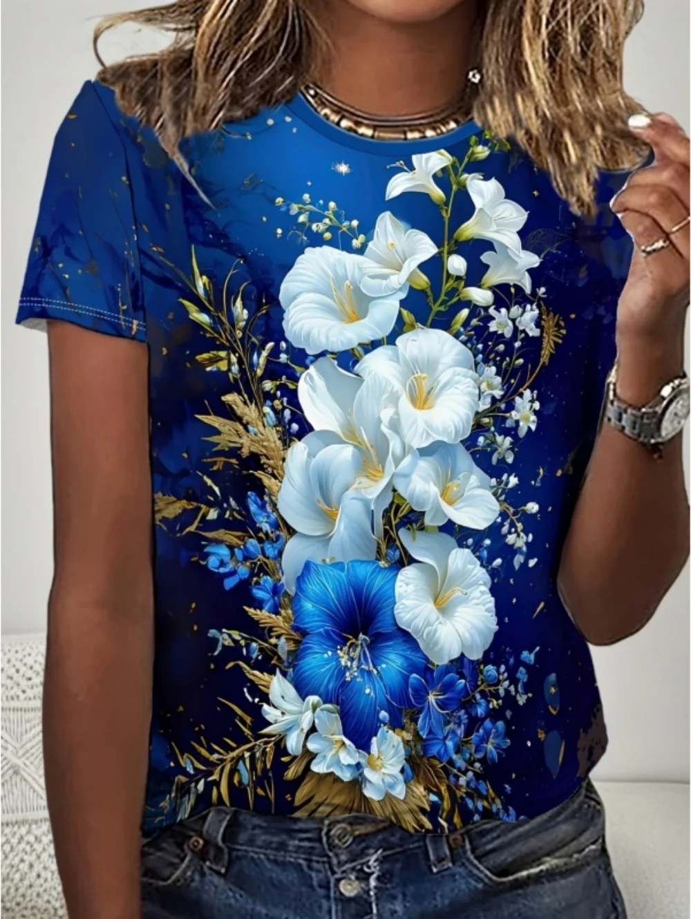 Women's T‑shirt Fashion Morning Glory Floral Bouquet Print Short Sleeve Crew Neck Summer Casual Daily Tops Women Clothing