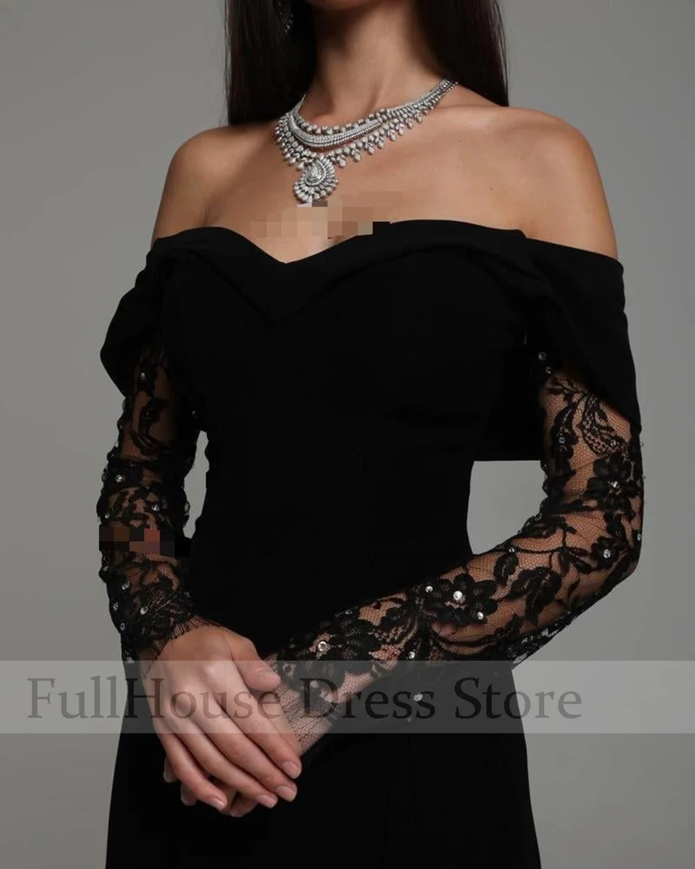 Bespoke Occasion Elegant Off Shoulder Lace Sequins Sheath Evening Gown Floor Length Backless Long Sleeve Prom Party Dress