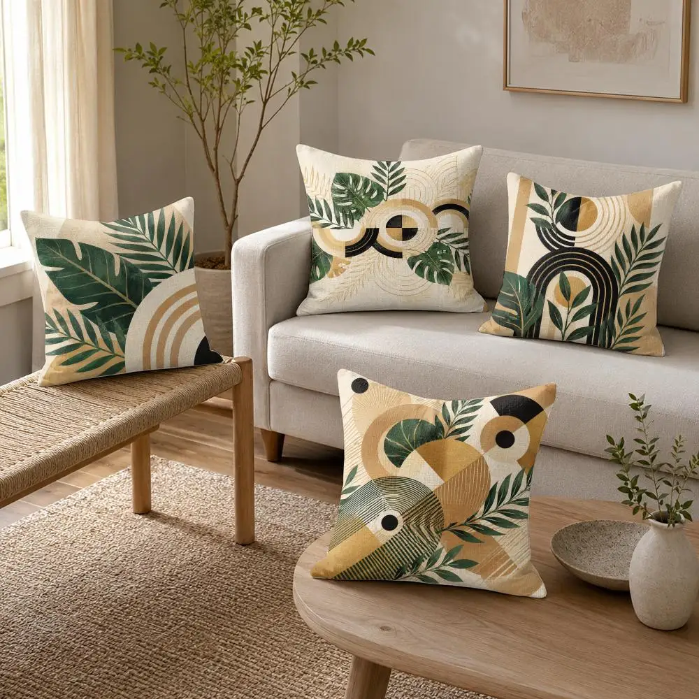 Tropical Geometric Arches Cushion Cover Organic Linen Throw Pillow Cover - Double-Sided Print Breathable Cushion Case Home Decor