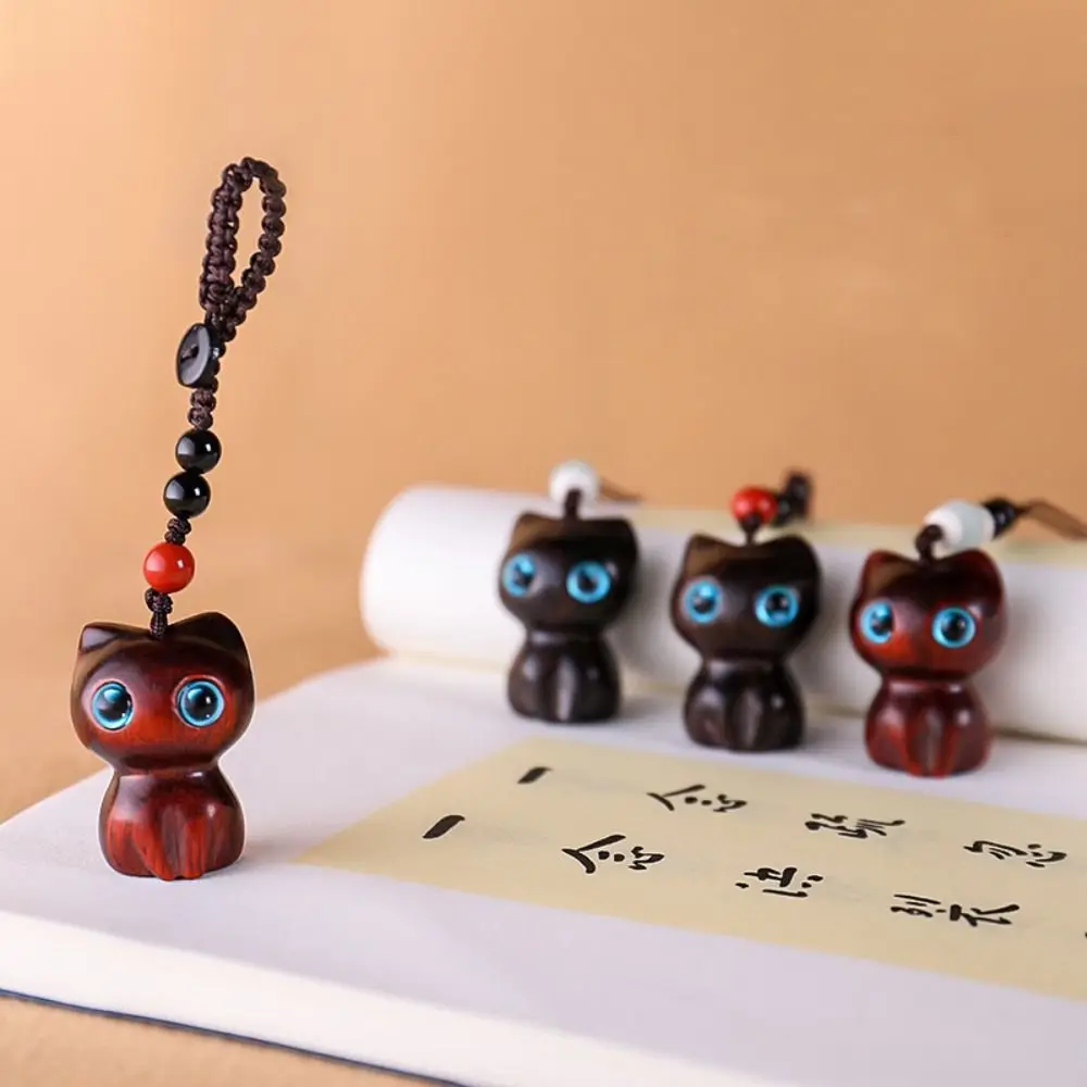 Sandalwood Wooden Cat Keychain Anime Cute Mobile Phone Chain Wooden Bag Pendant Accessories Car Keys Pendant Charms