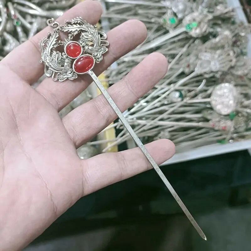 

Exquisite Old Chinese Tibet Silver Inlay Red Gem Handmade Hair Hairpin Statue