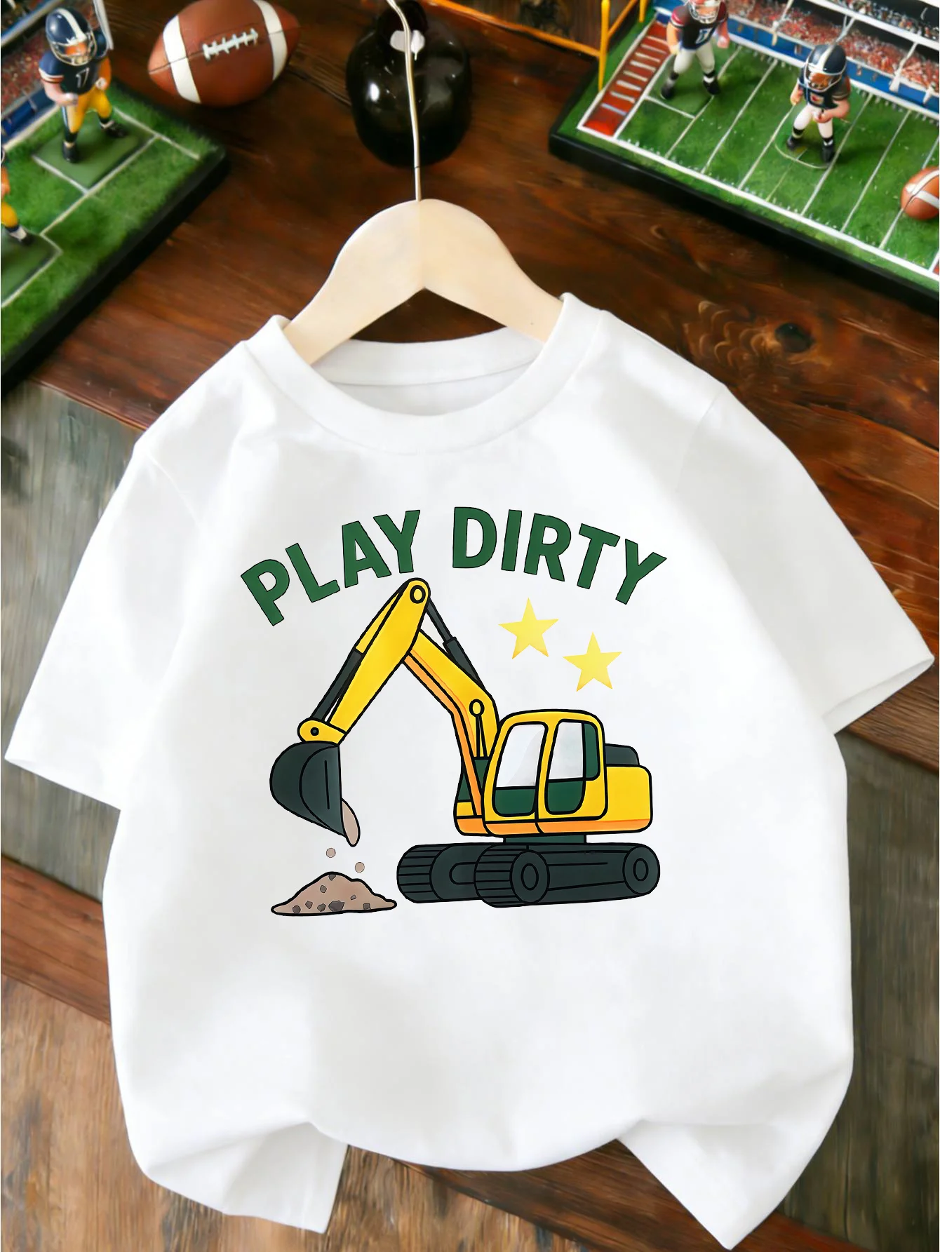 Cartoon Excavator Play Dirty Letter Star Print T Shirt Boys Girls Lovely Short Sleeve Tee Family Matching Soft Cotton Kids Tops