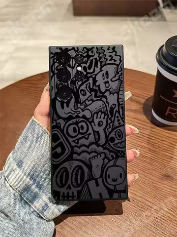 Black Graffiti Phone Case For Samsung Galaxy A15 A54 A55 A35 A50 A51 A71 A72 A73 S25 S24 S23 Ultra S22 Plus S20 FE Soft Cover
