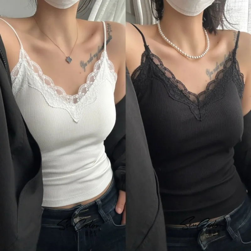Elegant French Ribbed Cotton Lace Back Camisole Push-up Built in Padded Cups Jacquard V-neck Sexy Cami Top Crisscross Strap