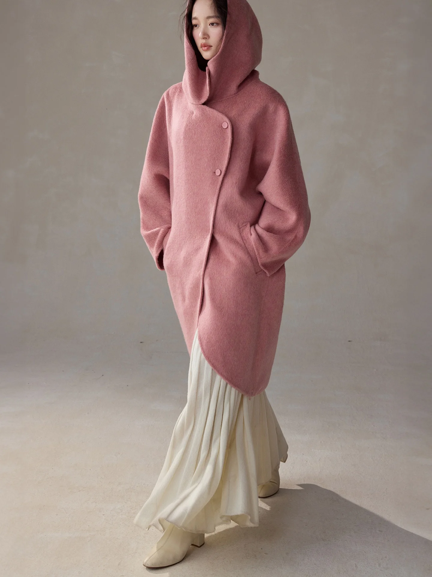 

Двустороннее шерстяное пальто из верблюжьей шерсти ручной работы, цвет «Розовый Аврора», из австралийской шерсти, для молодых женщин