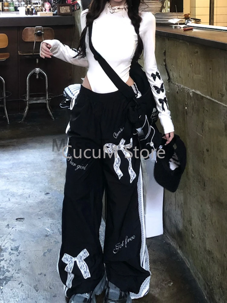 New Aesthetic Sweet  Wide Leg Pants High Waist Bow Lace Baggy Pants Female Y2k Loose Elastic Waist Trousers Women Desigr Chic