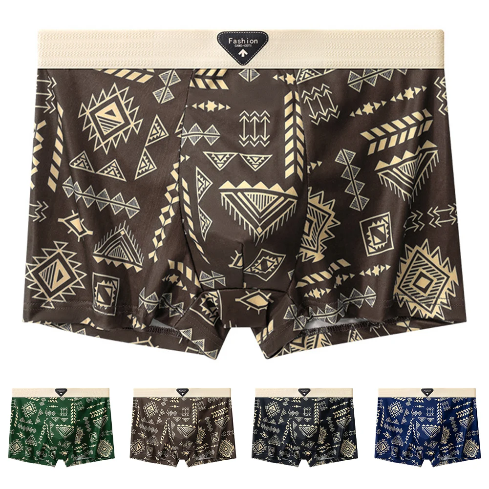 Fashion Underwear Men Ethnic Printed Casual Breathable Boxers Shorts Middle Rise Four Corners Boxer Trunk Pouch